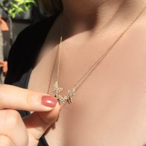 Kelebek Ailesi Motifli Taşlı 14 Ayar Altın Kolye