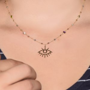 Renkli Taşlı Markiz Göz Altın Kolye