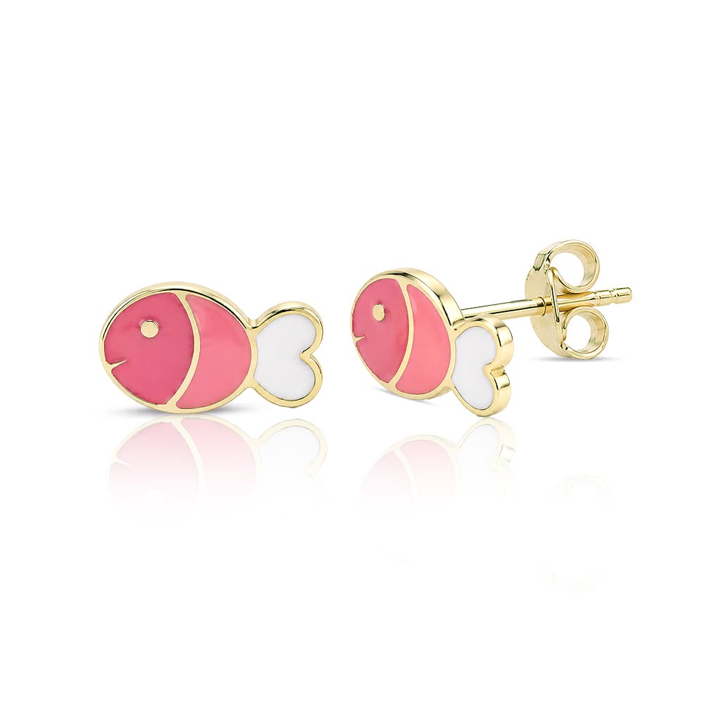 Pembe Beyaz Mineli Balık Çocuk Altın Küpe